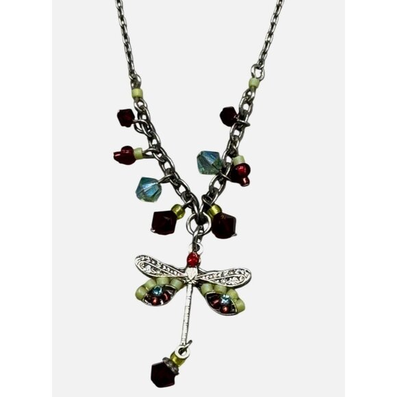 Firefly Jewelry Dragonfly Charm Necklace Beads Red Green Accents Silver READ NEW - Picture 1 of 6